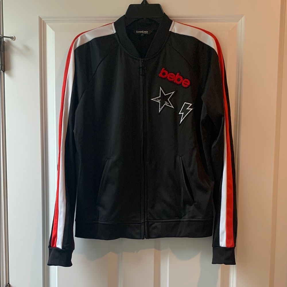 Bebe Sport Racing Jacket Black and Red Varsity Style